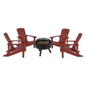 Flash Furniture 5 Piece Charlestown Red Poly Resin Wood Adirondack Chair Set with Fire Pit - Star and Moon Fire Pit with Mesh Cover