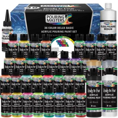 U.S. Art Supply Pouring Masters 36-Color Ready to Pour Acrylic Pouring Paint Set with Silicone Oil & Gloss Medium - Premium Pre-Mixed High Flow 2-Ounce & 8-Ounce Bottles - For Canvas, Wood, Paper, Crafts, Tile