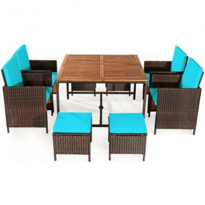 Costway 9PCS Patio Rattan Dining Cushioned Chairs Set-Turquoise