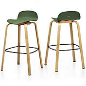 Costway Set of 2 Modern Barstools Pub Chairs with Low Back and Metal Legs-Green