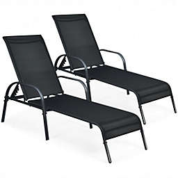 Costway-CA 2 Pcs Outdoor Patio Lounge Chair Chaise Fabric with Adjustable Reclining Armrest