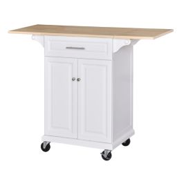 HOMCOM Kitchen Island Trolley Cart on Wheels with Drop Leaf Drawer Cabinet Towel Racks Versatile Use Natural Wood Top and White