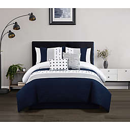 Chic Home Lainy Comforter Set Color Block Pleated Ribbed Embroidered Design Bedding Navy, King