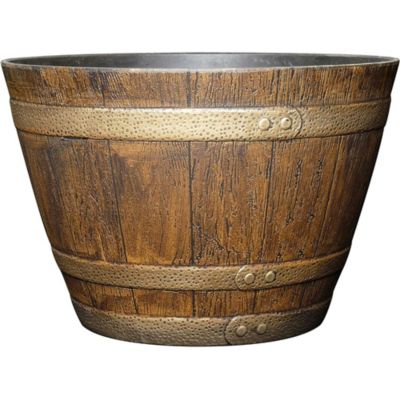 Classic Home and Garden Whiskey Resin Flower Pot Barrel Planter, Oak Brown, 15 in