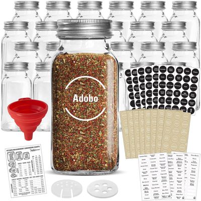 Talented Kitchen 24 Large Glass Spice Jars w/2 Types of Preprinted Spice Labels. Commercial Grade, Complete Set  24 Square Empty Jars 6oz, Pour/Sift & Coarse Shakers, Airtight Cap Chalk & Clear Label