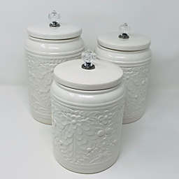 Contemporary Home Living Set of 3 White Unique Floral Sealed Storage Canisters with Glass Knobs, 11