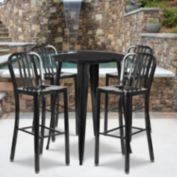 Emma + Oliver Commercial Grade 30" Round Black Metal Bar Table Set-4 Vertical Slat Back Stools