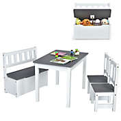Slickblue 4 Pieces Kids Wooden Activity Table and Chairs Set with Storage Bench and Study Desk-Gray