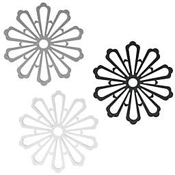 Wrapables Non-Slip Insulated Silicone Carved Floral Trivet Coaster Set, Black / White / Gray