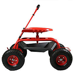 Sunnydaze Rolling Garden Cart with Extendable Steering Handle Swivel Seat & Basket - Red