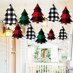 Big Dot of Happiness Hanging Holiday Plaid Trees - Outdoor Buffalo Plaid Christmas Party Hanging Porch and Tree Yard Decorations - 10 Pc