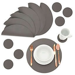 Juvale Set of 6 Faux Leather Circle Placemats and 6 Round Coasters for Dining Room Table (Dark Grey)
