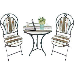 Farmhouse Metal and Wood Slat Bistro Set   3 Pc   Outdoor Table and Chairs   Rustic Look in Cream and Teal
