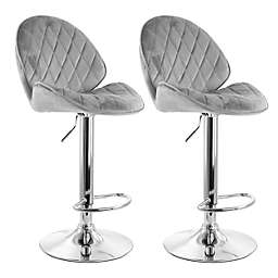 Elama 2 Piece Diamond Tufted Velvet Material Adjustable Bar Stool in Gray with Chrome Trim and Base