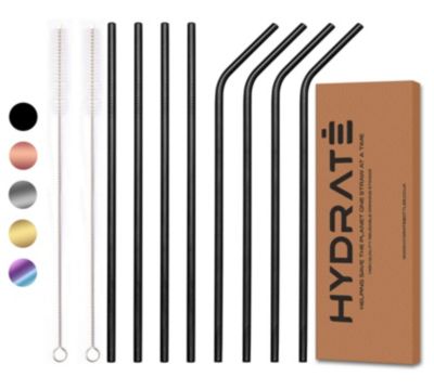 HYDRATE Stainless Steel Straws - Reusable, Eco Friendly - BPA Free Metal Straw - Many Colour Options (8 Pack, Silver)
