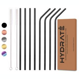 HYDRATE Stainless Steel Straws - Reusable, Eco Friendly - BPA Free Metal Straw - Many Colour Options (8 Pack, Silver)