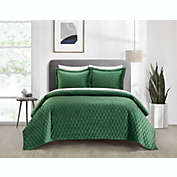 NY&C Home Wafa 3 Piece Velvet Quilt Set Diamond Stitched Pattern Bedding - Pillow Shams Included, Queen, Green