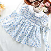 Laurenza&#39;s Girls Blue Floral Smocked Dress with Embroidery