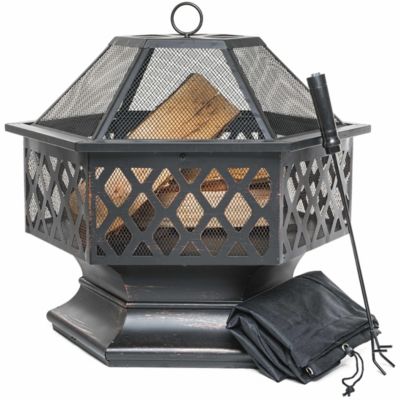 PRISP Outdoor Fire Pit for Garden and Patio, Large Hexagonal Fire Bowl, Includes Spark Guard, Poker and Protective Cover, Black and Bronze, 24 in Width, 1.96 in High - Foyer Extérieur