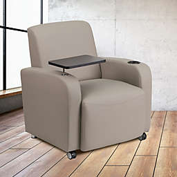 Emma + Oliver Gray LeatherSoft Tablet Arm Chair, Front Wheel Casters and Cup Holder