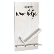 Elegant Designs Lucca Wall Mounted Wooden "Life Happens Wine Helps" Wine Bottle Shelf with Glass Holder, White Wash