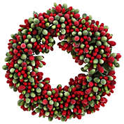 Raz Imports Red and Green Beaded Berry Mini Wreath Candle Ring 6.5 Inch