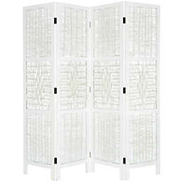 Legacy Decor 4 Panels Screen Room Divider Wicker and Wood White Color Diamond Design