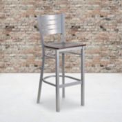 Emma + Oliver Silver Slat Back Metal Barstool, Walnut Wood Seat