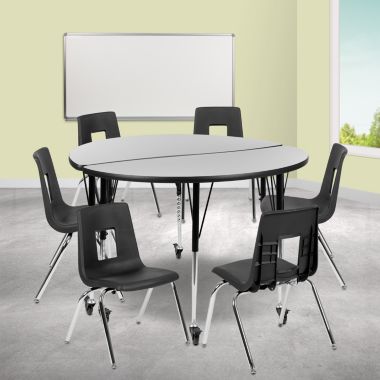 Emma + Oliver Mobile 47.5" Circle Wave Activity Table Set-18" Student Stack Chairs, Grey/Black. View a larger version of this product image.