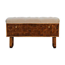 Artisan Furniture U-Shape Chestnut Diamond Carved Mud Linen Storage Bench