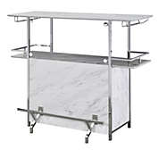Saltoro Sherpi Bar Table with Faux Marble and Chrome Finish, White and Silver-