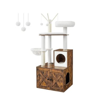 FEANDREA WoodyWonders Cat Tree with Litter Box Enclosure, 2-in-1 Modern Cat Tower, Litter Box Furniture Hidden, Cat Condo with Scratching Posts, Removable Pompom Sticks, Rustic Brown