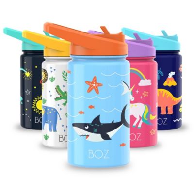 BOZ Kids Insulated Water Bottle with Straw Lid, Stainless Steel Vacuum Double Wall Water Cup with Scratch-resistant Cute Print and Carry Handle, BPA-free and Dishwasher-safe (Shark)