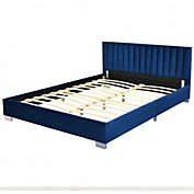 Costway-CA Full Tufted Upholstered Platform Bed Frame with Flannel Headboard-Navy
