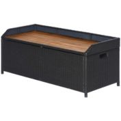 Outsunny Patio Wicker Storage Bench Box, Outdoor Garden PE Rattan Pool Storage Deck Bin Box w/ Natural Wood Top, Cushion, Lid, Ideal for Storing Tools, Accessories and Toys, Coffee