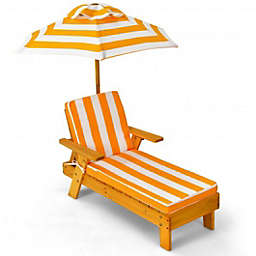 Costway-CA Kids Outdoor Wood Lounge Chair with Height Adjustable Umbrella