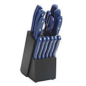 Oster Evansville 14 Piece Stainless Steel Cutlery Set with Rubberwood Block in Blue