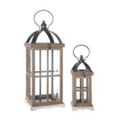 Urban Trends Collection Wood Rectangle Lantern with Metal FlipTop, Handle and Glass Sides Window Pane Cover Design Set of Two Natural Finish Brown