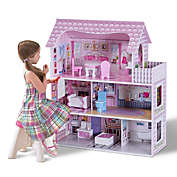Gymax 28&#39;&#39; Pink Dollhouse w/ Furniture Gliding Elevator Rooms 3 Levels Young Girls Toy
