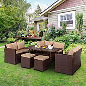 Stock Preferred 8-Pieces Patio Rattan Sectional Dining Sofa Set with Cushion in Brown