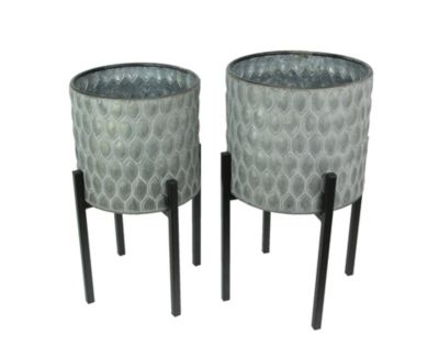 Napco Imports Set of 2 Galvanized Zinc Finish Leaf Pattern Stamped Metal Planters With Wooden Stands