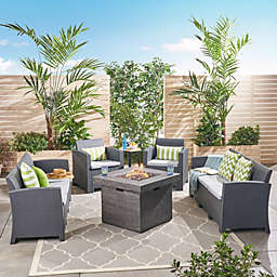 Contemporary Home Living 5pc Gray Contemporary Outdoor Patio 8 Seater Chat Set with Fire Pit 67.5