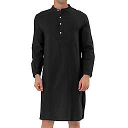 Lars Amadeus Men Gown Banded Collar Henley Shirt Nightgown, Black, L