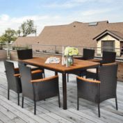 Gymax 7PCS Rattan Outdoor Dining Set Patio Furniture Set w/ Cushions Umbrella Hole