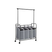 SONGMICS 4-Bag Laundry Sorter, Rolling Laundry Cart with Hanging Bar, Heavy-Duty Wheels, Gray