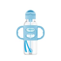 Dr. Brown's Narrow Sippy Straw Bottle with 100% Silicone Handles, 8oz, Blue