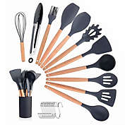 Wango 11-Pieces Silicone Cooking Utensil Set with Wooden Handles in Black