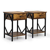 Fx070 Set of 2 Nightstand Industrial End Table with Drawer, Storage Shelf and Metal Frame