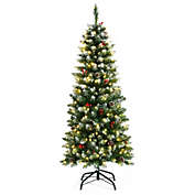 Costway Pre-lit Artificial Pencil Christmas Tree with Pine Cones and Red Berries-5 ft