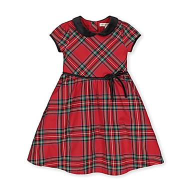 Hope & Henry Girls&#39; Peter Pan Collar Dress with Velvet Trim (Red Holiday Tartan, 3). View a larger version of this product image.